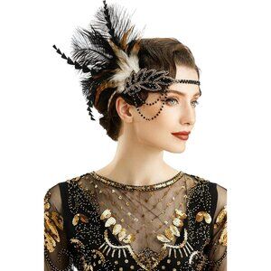 1920s Flapper Headpiece Beaded Feather Headband for Gatsby Art Deco Party